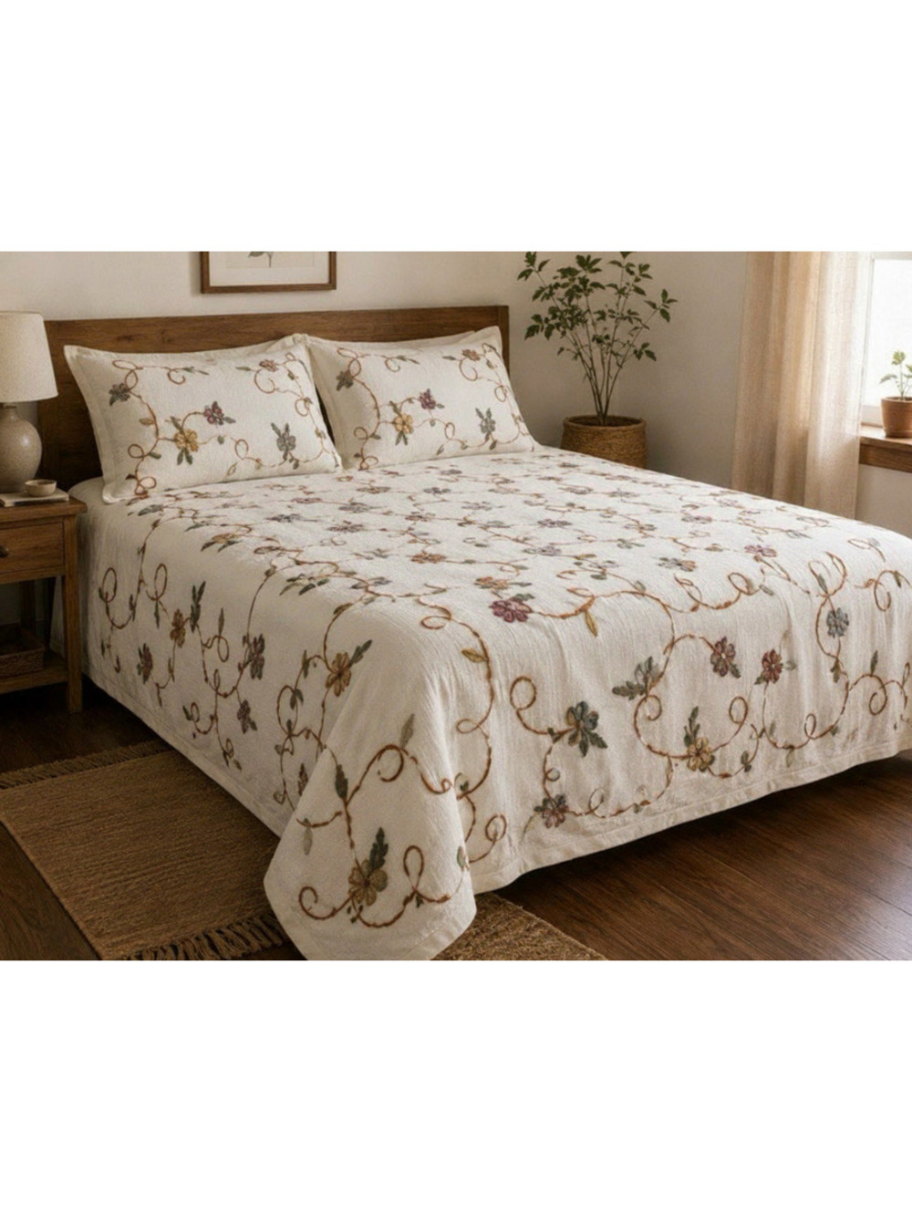 VINTAGE SPIEGAL Crewel Embroidery Bedspread 3 Piece Set 72x80 Made in India